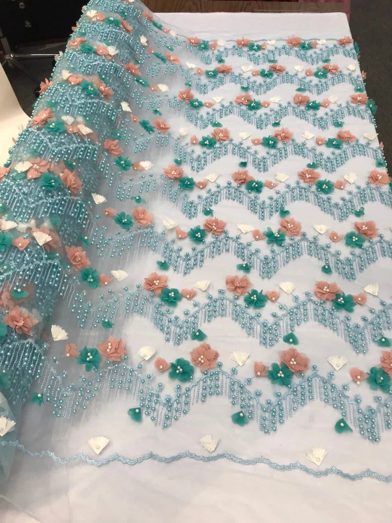 3D Multi Color Chiffon Flowers Embroidery With Pearls Chevron Design on a Mesh Lace-Dresses-Prom-Nightgown-Sold by Yard. Aqua