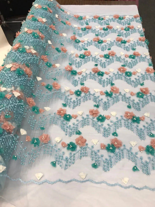 3D Multi Color Chiffon Flowers Embroidery With Pearls Chevron Design on a Mesh Lace-Dresses-Prom-Nightgown-Sold by Yard. Aqua