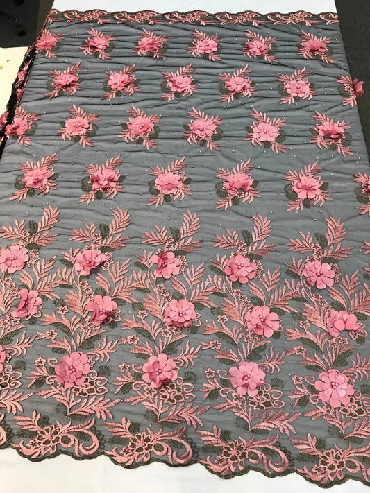 3D Flowers Embroidery With Pearls Chevron Design on a Mesh Lace-Dresses-Prom-Nightgown-Sold by Yard. Dusty Rose