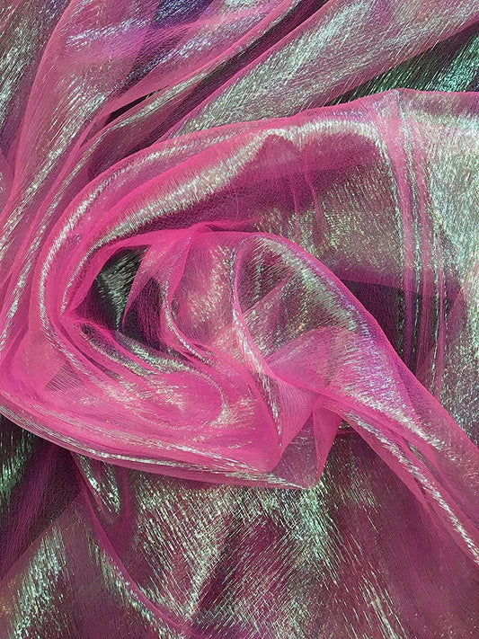 42" Wide Iridescent Translucent Crushed Shimmer Organza Fabric, Sells by The Yard (Neon Pink)