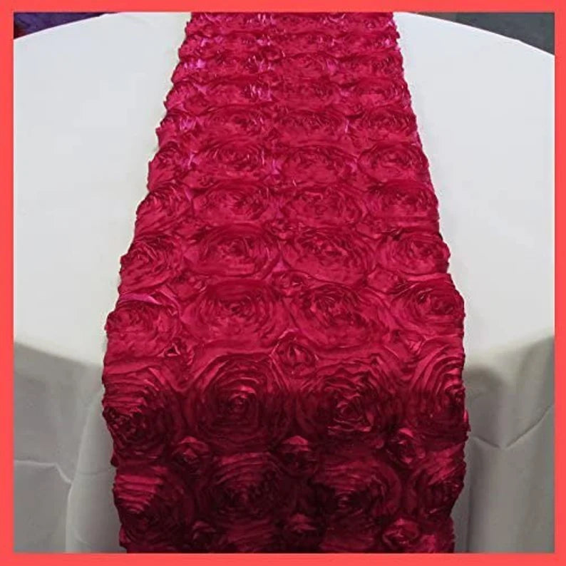 Rosette Satin Table Runner (14” x 108”) | Perfect for Weddings, Birthdays, Home Décor and Others | 3D Large Rose Effect | Fuchsia