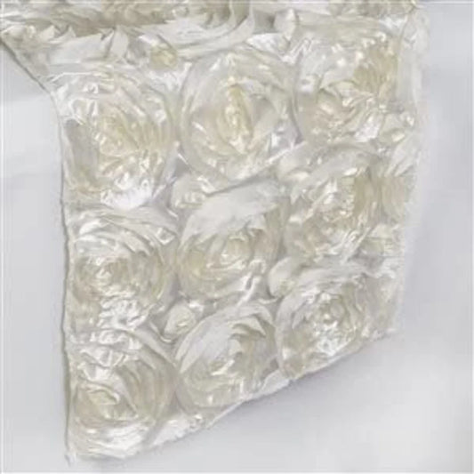 Rosette Satin Table Runner (14” x 108”) | Perfect for Weddings, Birthdays, Home Décor and Others | 3D Large Rose Effect | Ivory