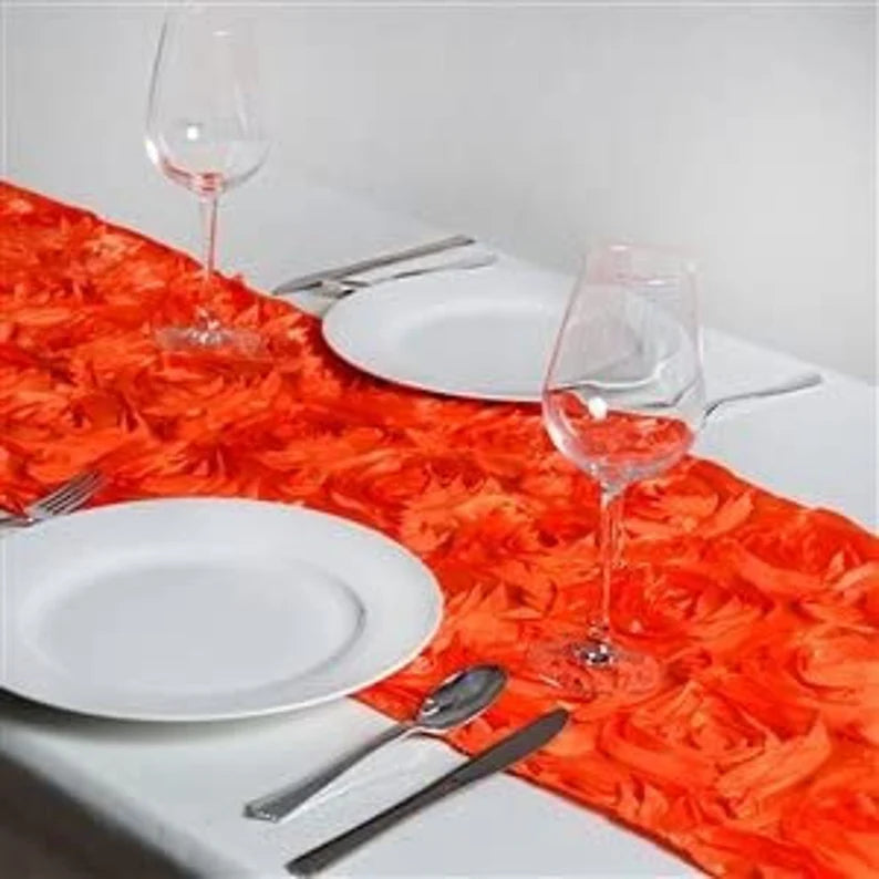 Rosette Satin Table Runner (14” x 108”) | Perfect for Weddings, Birthdays, Home Décor and Others | 3D Large Rose Effect | Orange