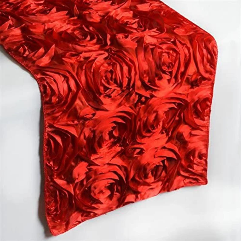 Rosette Satin Table Runner (14” x 108”) | Perfect for Weddings, Birthdays, Home Décor and Others | 3D Large Rose Effect | Red