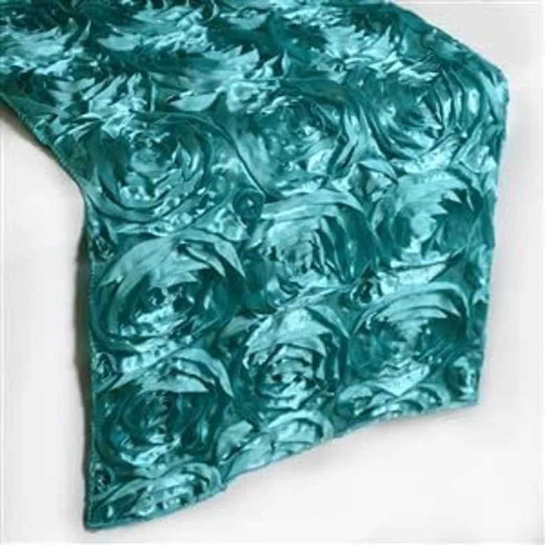 Rosette Satin Table Runner (14” x 108”) | Perfect for Weddings, Birthdays, Home Décor and Others | 3D Large Rose Effect | Turquoise