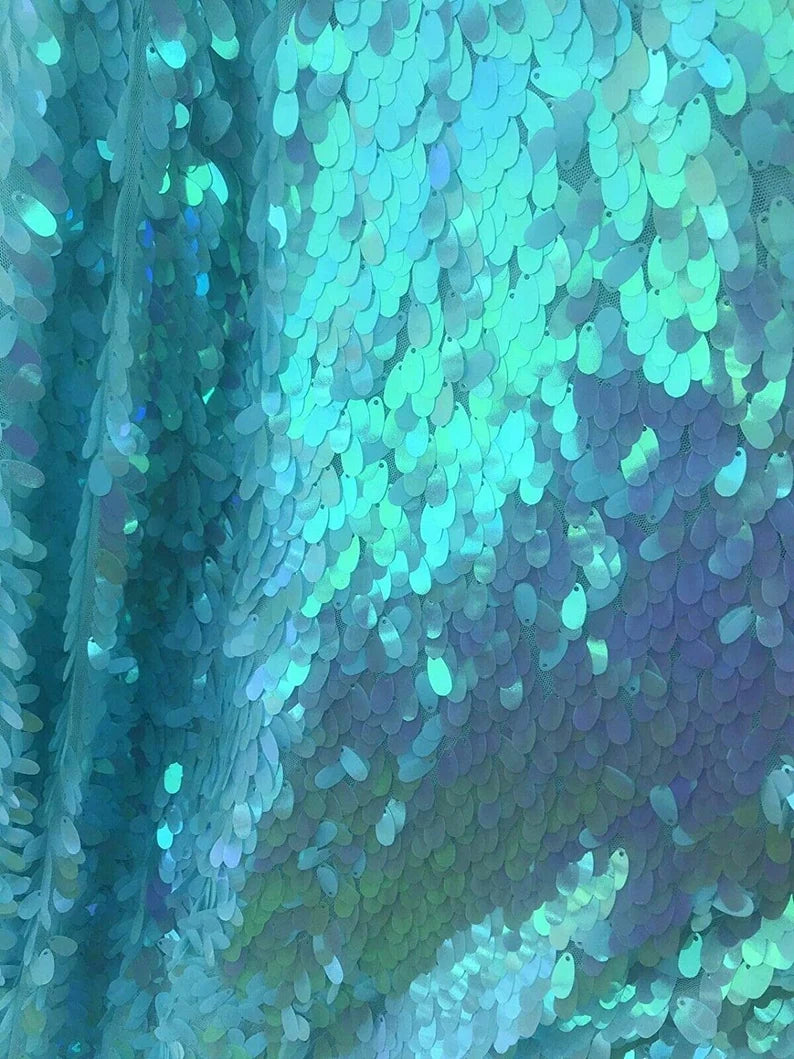 Iridescent 12 MM Teardrop-Decorations-Mermaid Sequins on a Mesh-Sold by Yard. (By the Yard Iridescent Aqua)
