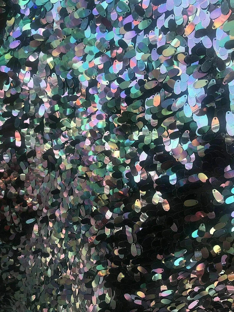 Iridescent 12 MM Teardrop-Decorations-Mermaid Sequins on a Mesh-Sold by Yard. (By the Yard Iridescent Black)