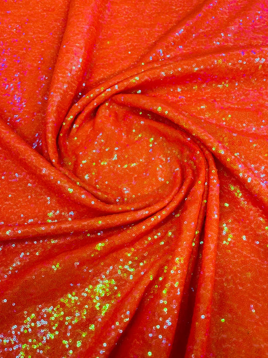 Neon orange iridescent mermaid fish scales-mini glitz sequins embroider on a 2 way stretch mesh fabric-sold by the yard-