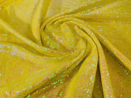 Yellow iridescent mermaid fish scales-mini glitz sequins embroider on a 2 way stretch mesh fabric-sold by the yard-