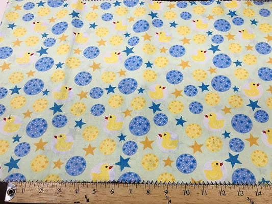 Poly Cotton Fabric, Ducks Print, Good to Make Face Mask Covers. (Ducks on Yellow & Blue, 1 Yard)