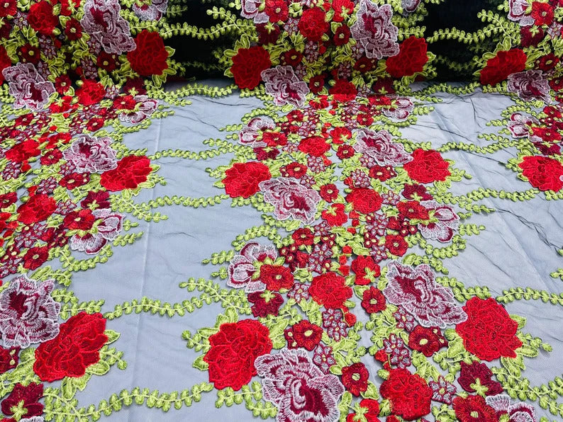 Multi Color Floral Design Embroider on a Black Mesh Lace Fabric-Sold by the Yard. Red