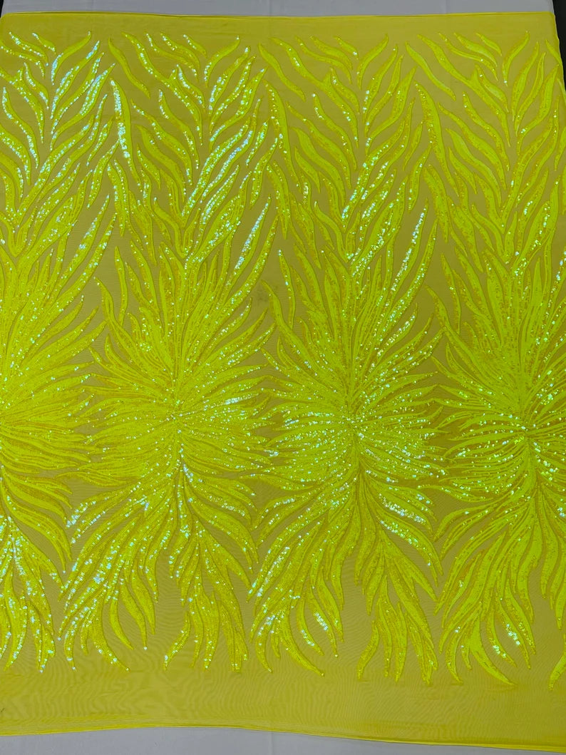 Neon Yellow iridescent phoenix feather design with sequins embroider on a Yellow 4 way stretch mesh fabric-sold by the yard.