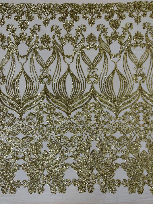 New Gold shiny sequin damask design on a 4 way stretch mesh-sold by the yard.
