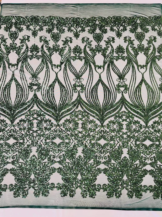 New Hunter Green shiny sequin damask design on a 4 way stretch mesh-sold by the yard.