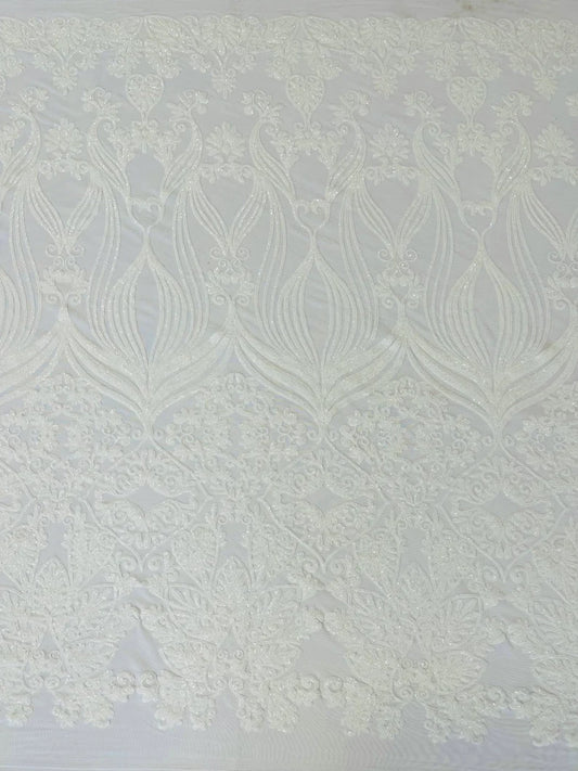 New White shiny sequin damask design on a 4 way stretch mesh-sold by the yard.