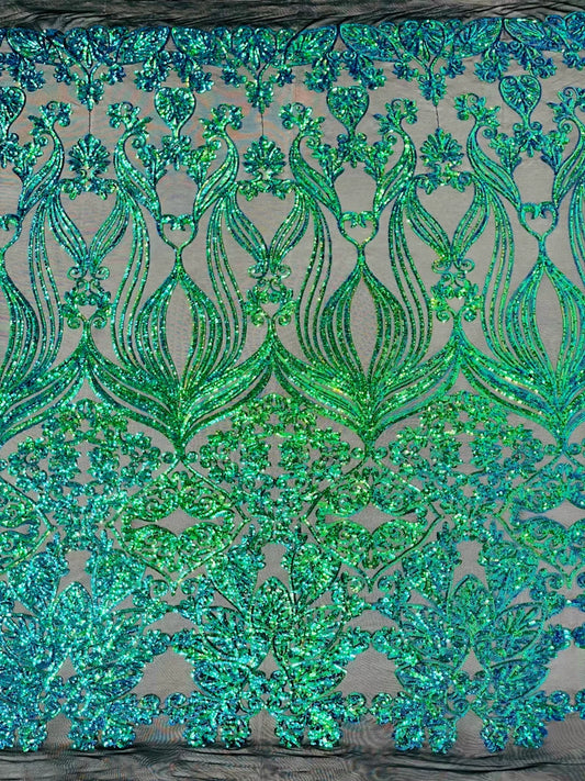 New Green iridescent shiny sequin damask design on a Black 4 way stretch mesh-sold by the yard.