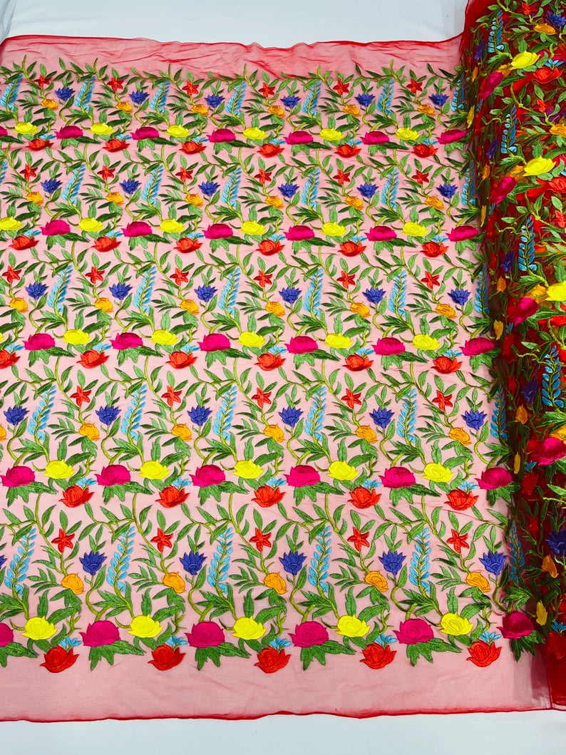 Multi Color Mexican Sarape Floral Design Embroider on a Red Mesh Lace-Sold by the Yard.