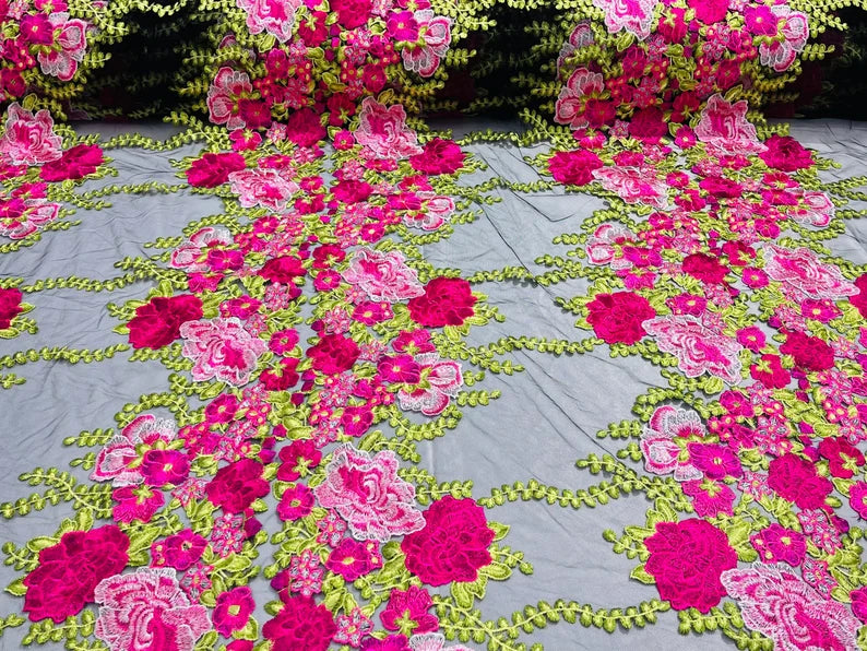Multi Color Floral Design Embroider on a Black Mesh Lace Fabric-Sold by the Yard. Fuchsia