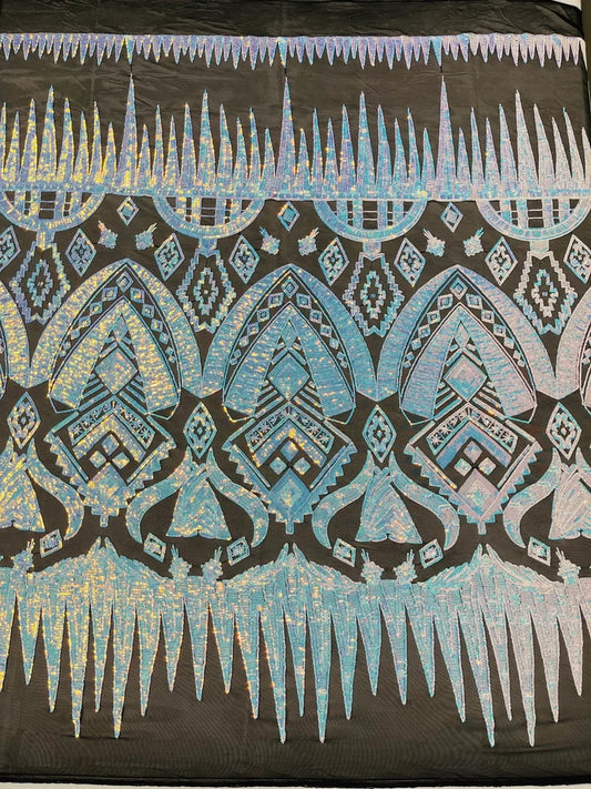 Clear aqua iridescent geometric Aztec design embroidery with sequins on a Black 4 way stretch mesh fabric-sold by the yard.