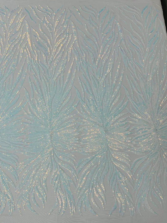 Aqua clear iridescent phoenix feather design with sequins embroider on a White 4 way stretch mesh fabric-sold by the yard.