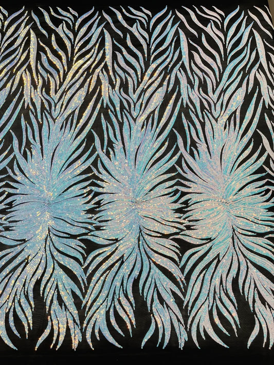 Aqua clear iridescent phoenix feather design with sequins embroider on a Black 4 way stretch mesh fabric-sold by the yard.