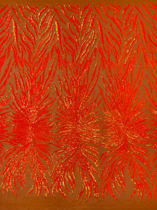 Neon Orange iridescent phoenix feather design with sequins embroider on a Orange 4 way stretch mesh fabric-sold by the yard.