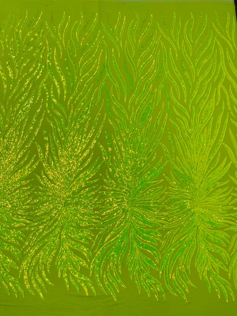 Neon lime green iridescent phoenix feather design with sequins embroider on a 4 way stretch mesh fabric-sold by the yard.