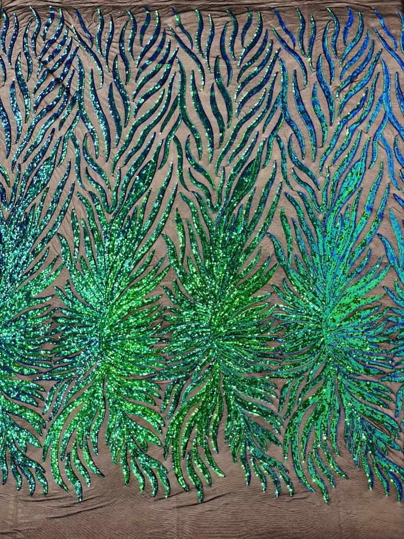 Green iridescent phoenix feather design with sequins embroider on a Black 4 way stretch mesh fabric-sold by the yard.