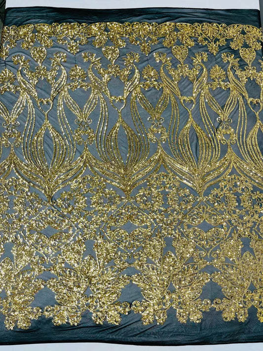 New Gold shiny sequin damask design on a Black 4 way stretch mesh-sold by the yard.