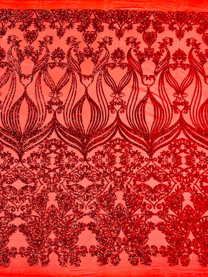 New Red shiny sequin damask design on a 4 way stretch mesh-sold by the yard.