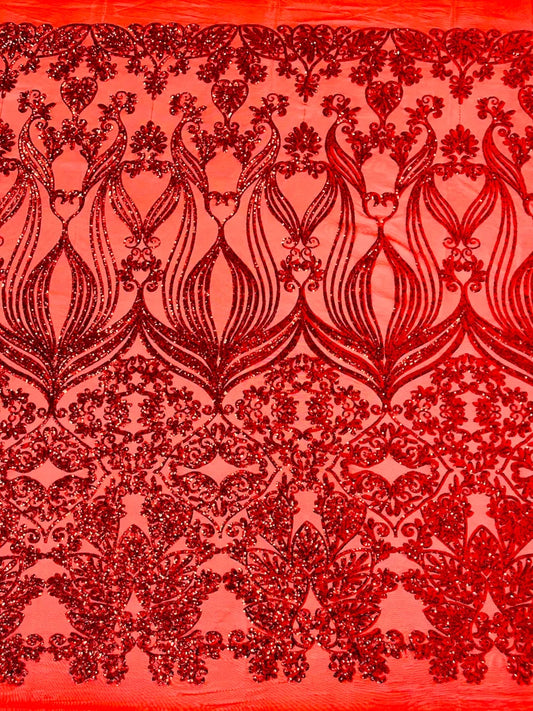 New Red shiny sequin damask design on a 4 way stretch mesh-sold by the yard.