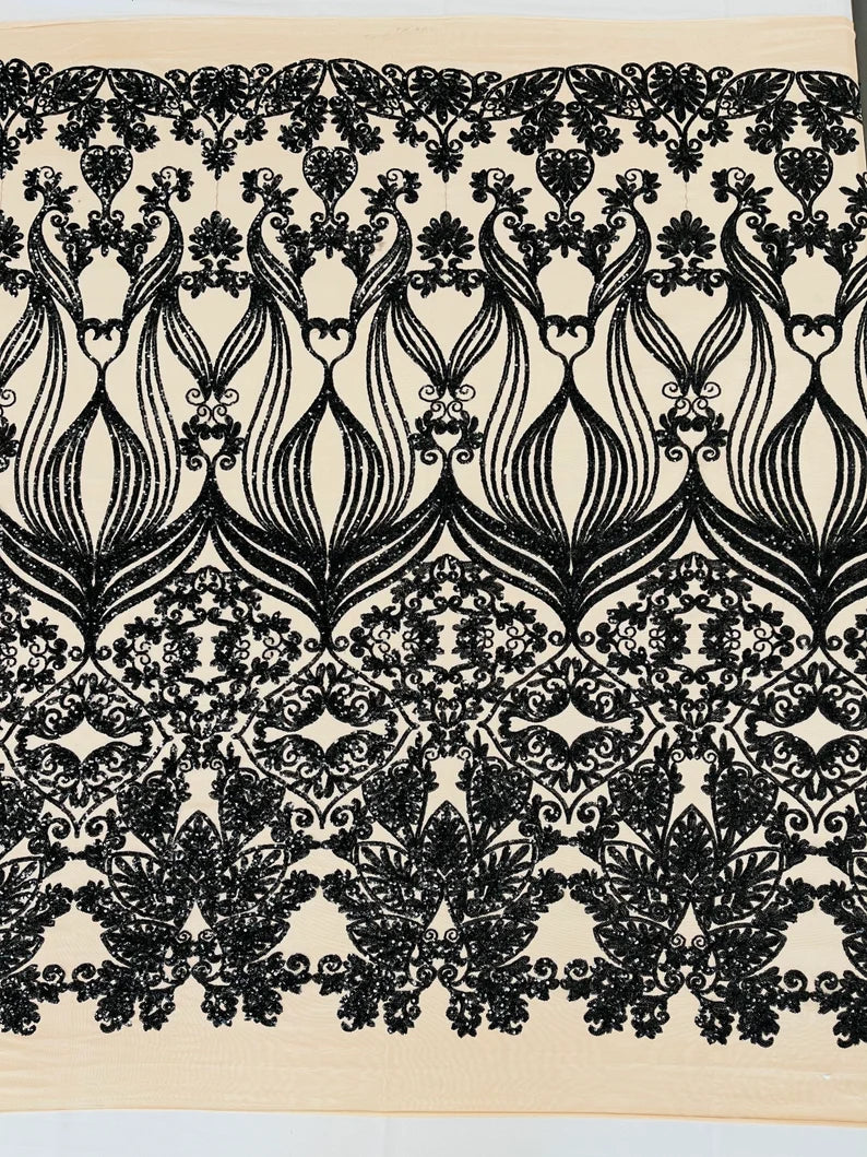 New Black shiny sequin damask design on a Nude 4 way stretch mesh-sold by the yard.