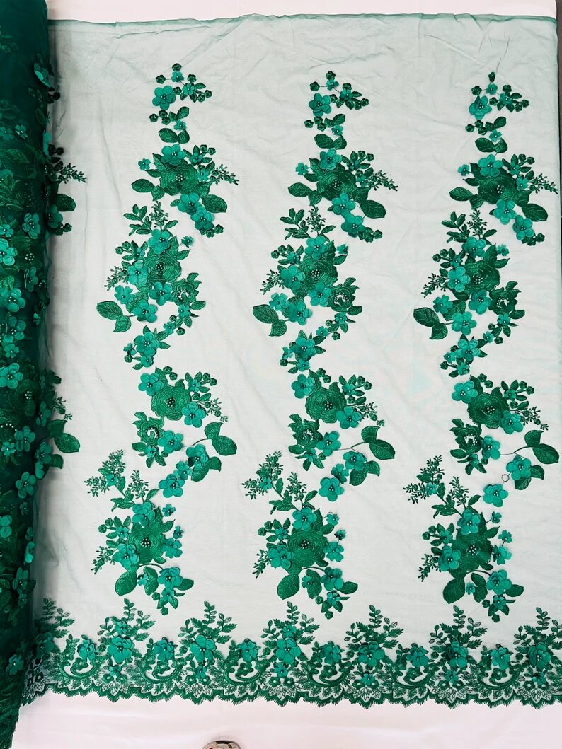 3D floral design embroider with pearls in a mesh lace-sold by the yard. Hunter Green