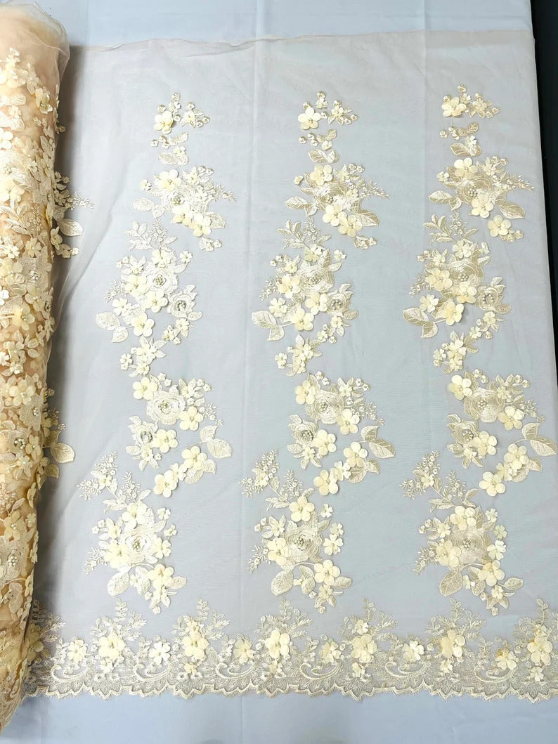 3D floral design embroider with pearls in a mesh lace-sold by the yard. Champagne