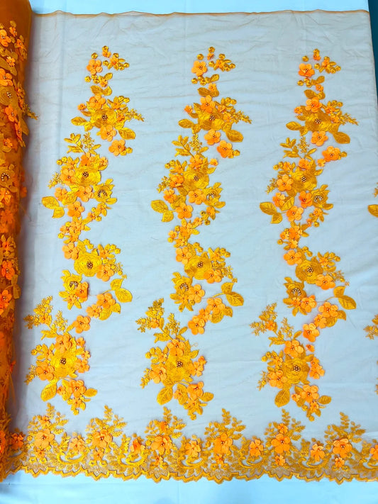 3D floral design embroider with pearls in a mesh lace-sold by the yard. Bright Orange
