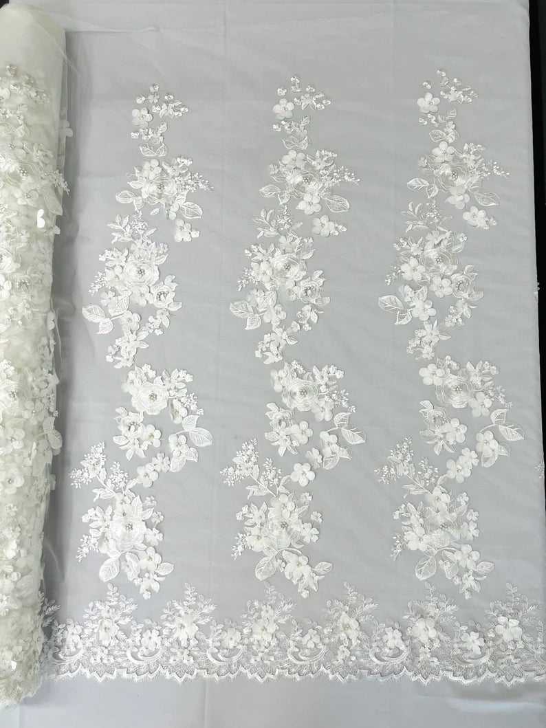 3D floral design embroider with pearls in a mesh lace-sold by the yard. White