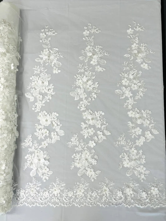 3D floral design embroider with pearls in a mesh lace-sold by the yard. White