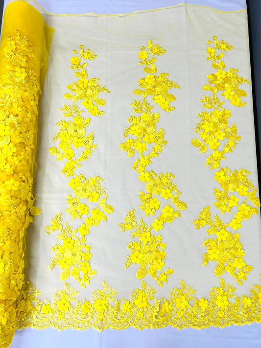 3D floral design embroider with pearls in a mesh lace-sold by the yard. Bright Yellow