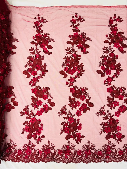 3D floral design embroider with pearls in a mesh lace-sold by the yard. Burgundy