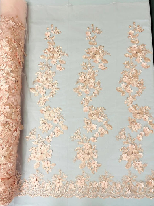 3D floral design embroider with pearls in a mesh lace-sold by the yard. Blush