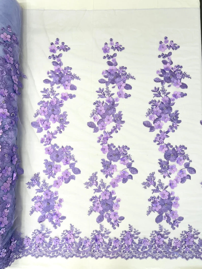 3D floral design embroider with pearls in a mesh lace-sold by the yard. Lavender