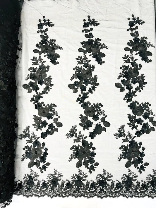 3D floral design embroider with pearls in a mesh lace-sold by the yard. Black