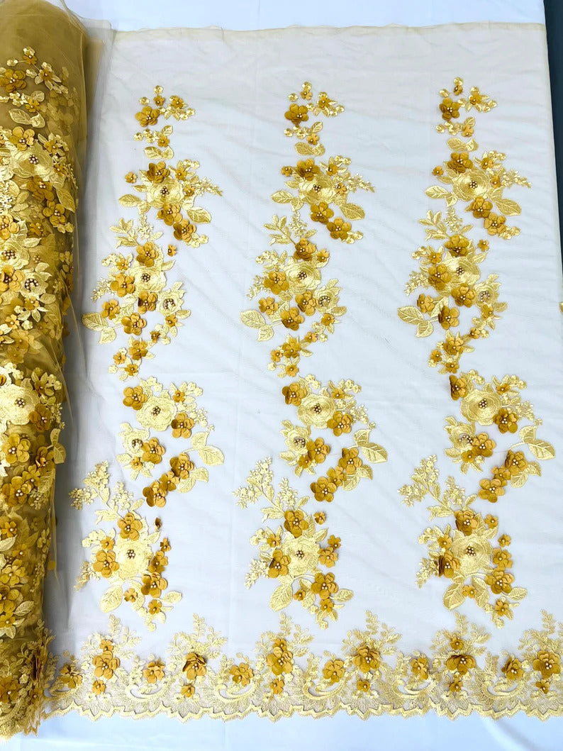 3D floral design embroider with pearls in a mesh lace-sold by the yard. Gold