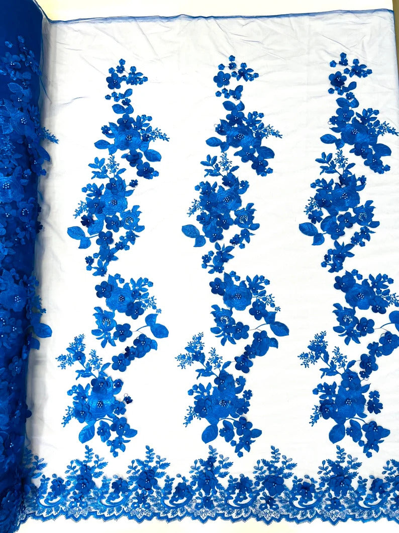 3D floral design embroider with pearls in a mesh lace-sold by the yard. Royal Blue