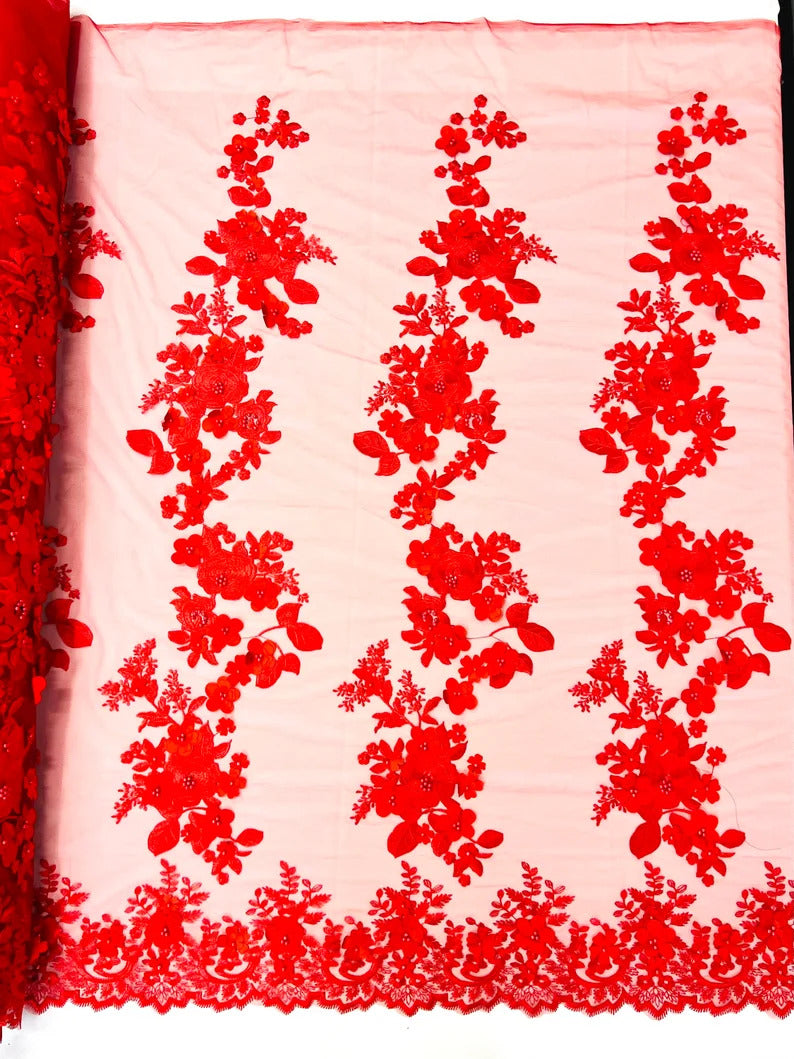 3D floral design embroider with pearls in a mesh lace-sold by the yard. Red