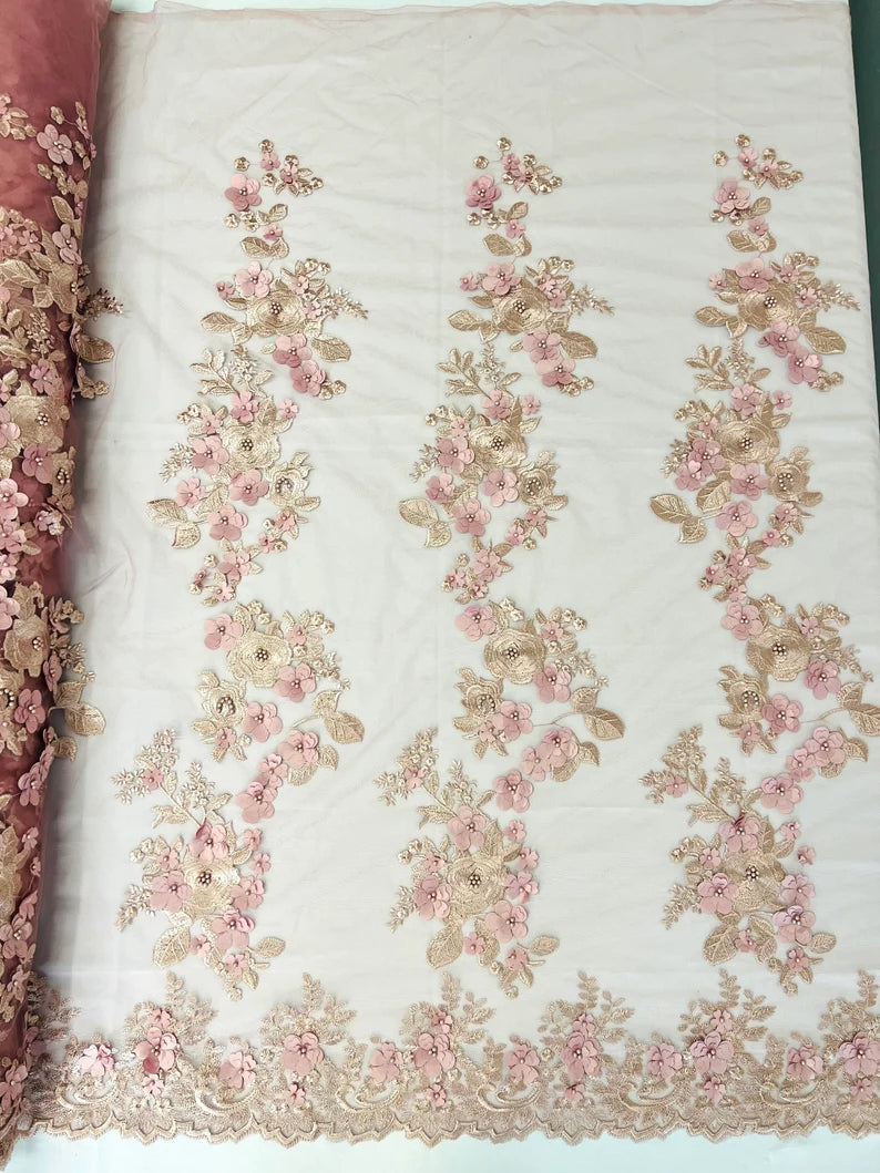 3D floral design embroider with pearls in a mesh lace-sold by the yard. Dusty Rose