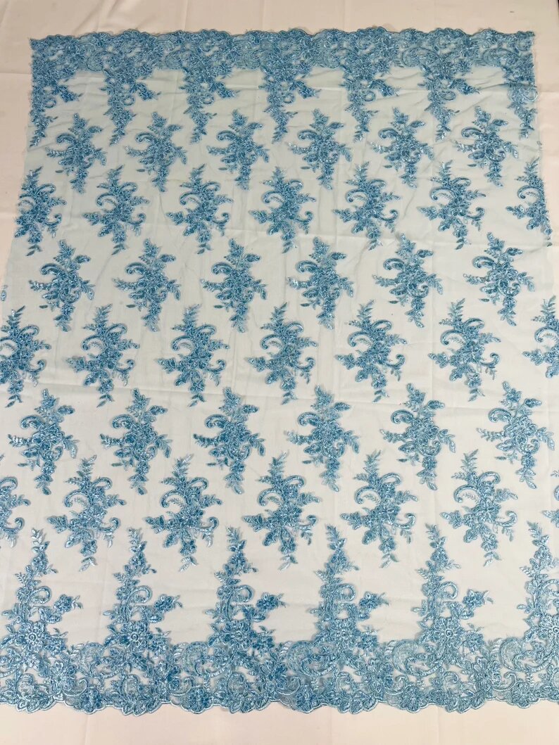 Fashion Corded Embroider Fabric Floral Lace Embroider on a Mesh Sold by the Yard. Light Blue