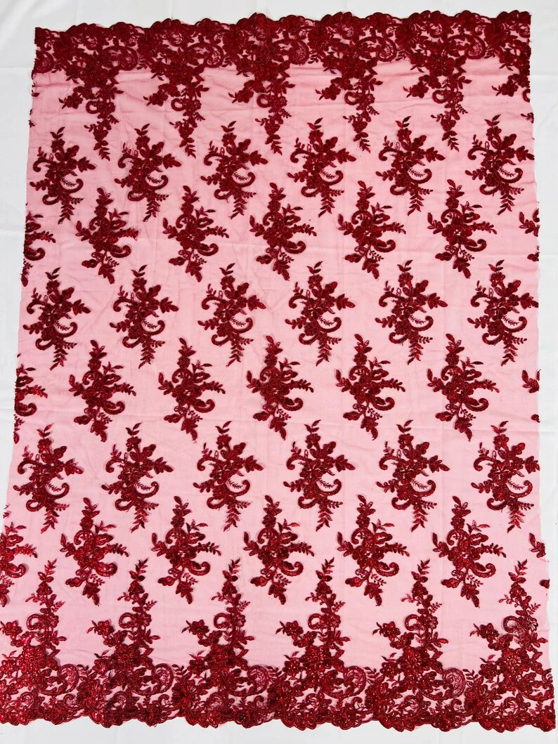 Fashion Corded Embroider Fabric Floral Lace Embroider on a Mesh Sold by the Yard. Burgundy