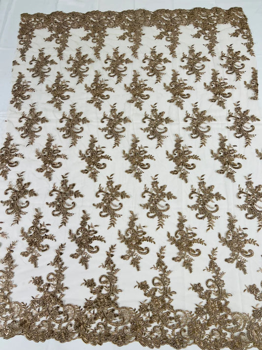 Fashion Corded Embroider Fabric Floral Lace Embroider on a Mesh Sold by the Yard. Mocha