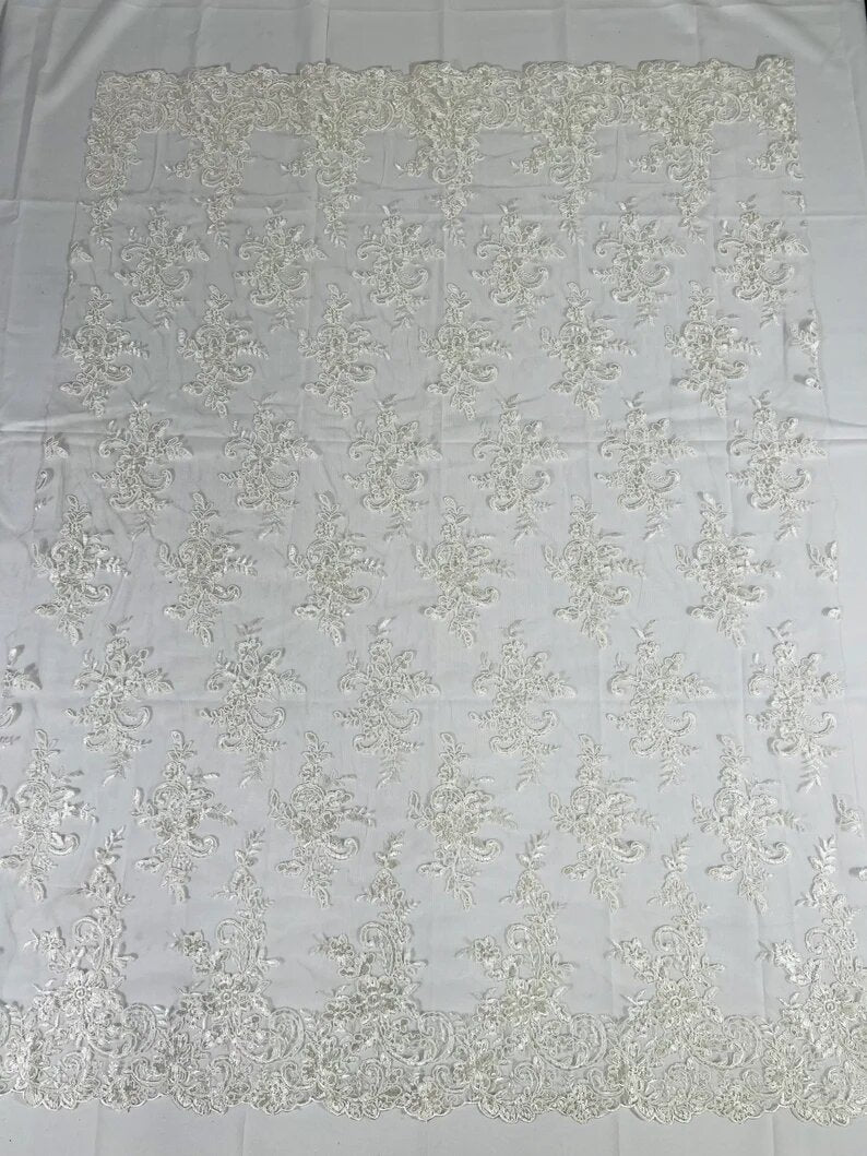 Fashion Corded Embroider Fabric Floral Lace Embroider on a Mesh Sold by the Yard. White